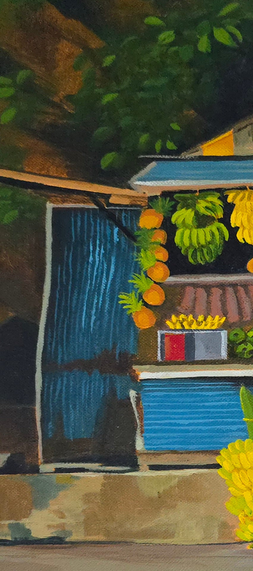 A painted scene of a small fruit stand or market stall with bananas, oranges, and other fruits hanging and displayed outside, set against dark green foliage and a tree trunk.